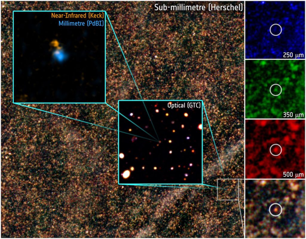 Galaxia HFLS3, fábrica de soles- ESA, Herschel, HerMES_IRAM_IAC_GTC_W M Keck Observatory