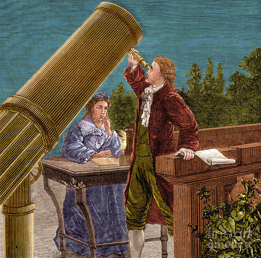 William Herschel observando a traves de su gran telescopio, con Caroline Herschel