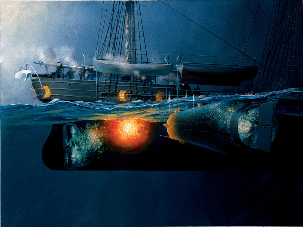 El submarino Hunley atacando al barco Housatonic