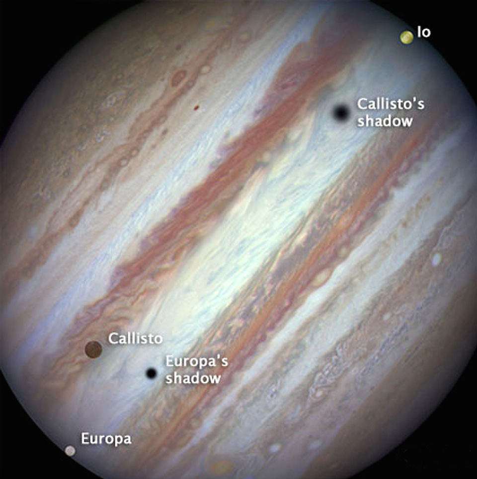 Júpiter y tres de sus lunas- NASA, ESA, and the Hubble Heritage Team (STScI_AURA)