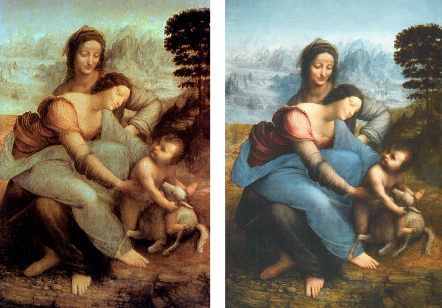 La Virgen y el Niño, con Santa Ana, Leonardo da Vinci, 1510, antes y después de la restauración- Museo de Louvre