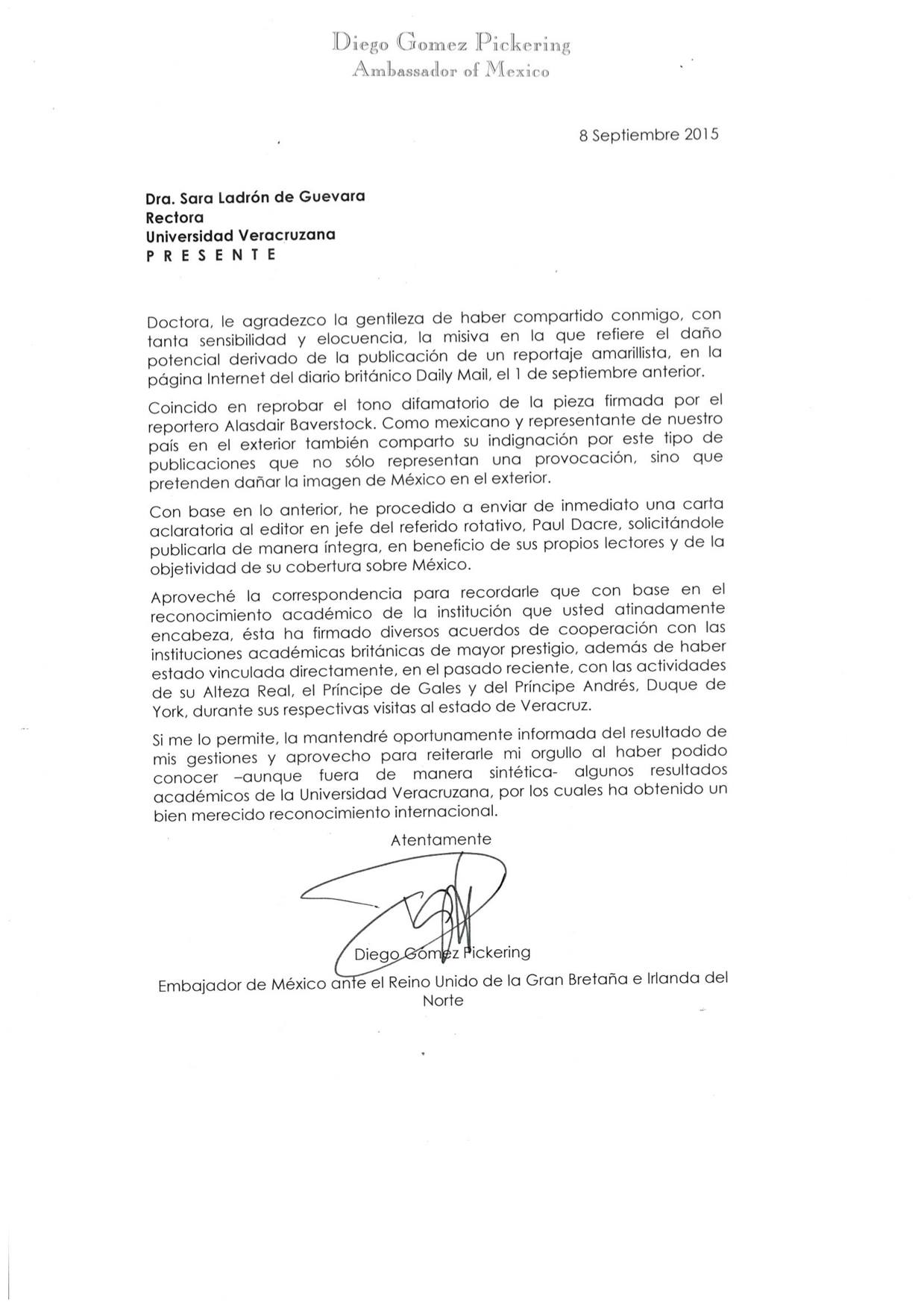 Respuesta del embajador del RU a Sara Ladrón de Guevara