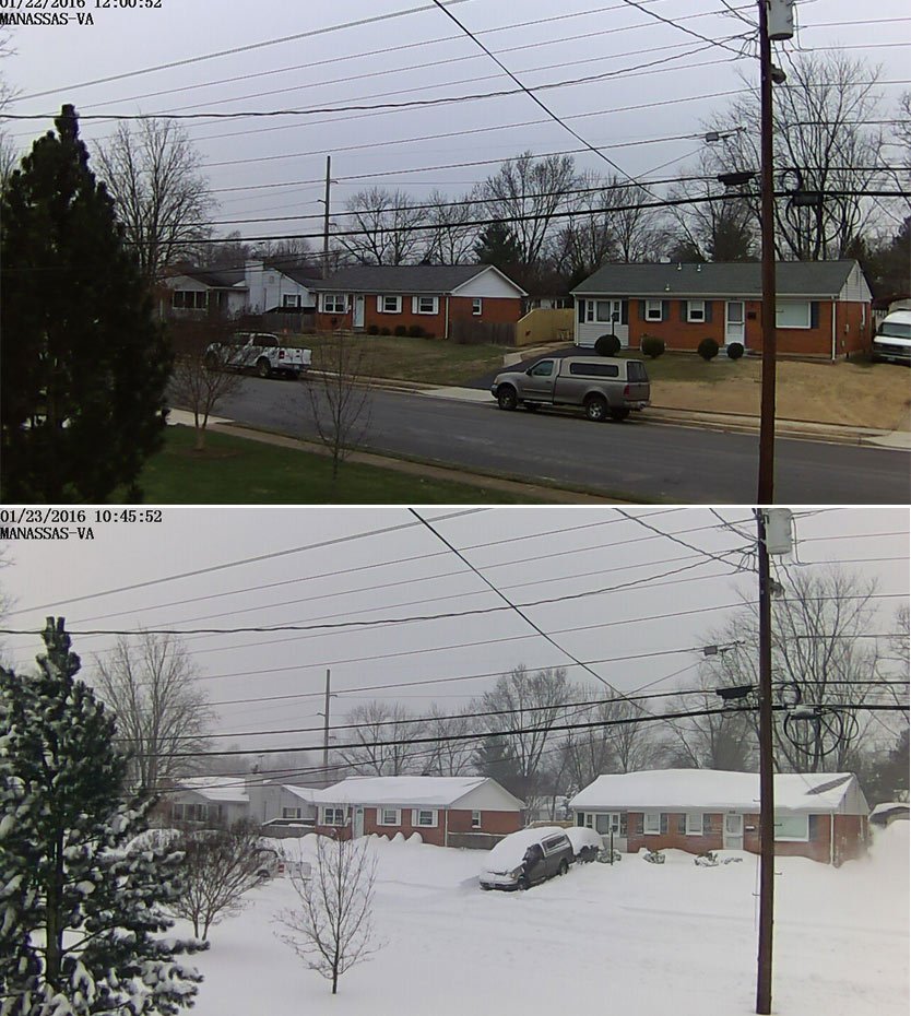 Antes y después de la tormenta de nieve de Snowzilla, Manassas, Virginia