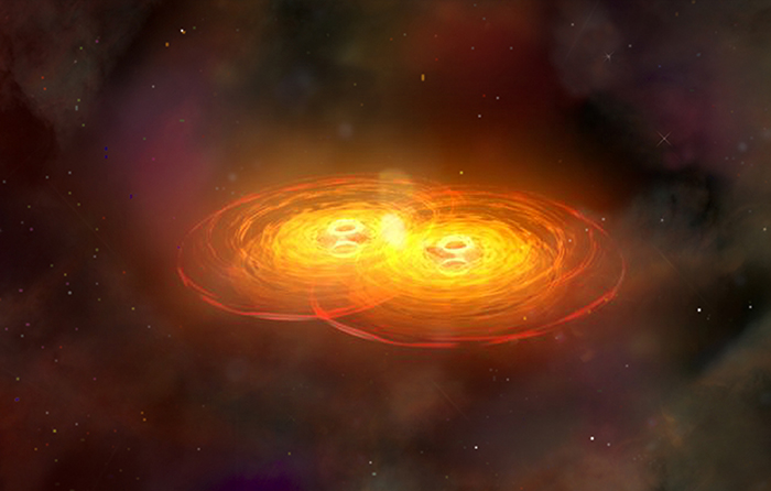 Fusión de dos agujeros negros, un evento que puede generar ondas gravitacionales- NASA