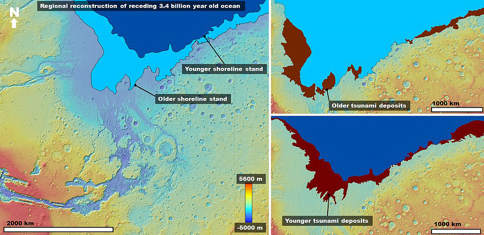 El modelo de elevación con código de colores del área de estudio muestra los dos líneas de costa propuestas en el océano Marte de hace unos 3.400 millones de años. A la derecha, las áreas cubiertas por los tsunamis- Alexis Rodriguez