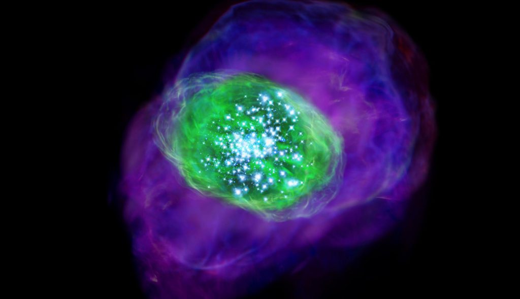 Muchas estrellas jóvenes y brillantes se encuentran en la galaxia e ionizan el gas que se encuentra dentro y a su alrededor. El color verde indica el oxígeno ionizado detectado por ALMA, mientras que el púrpura muestra la distribución del hidrógeno ionizado detectado por el telescopio Subaru. / NAOJ
