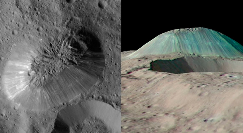 Imagen en alta resolución de Ahuna Mons y simulacion en falso color a partir de las imágenes captadas por la sonda Dawn en Ceres. / NASA/JPL-Caltech/UCLA/MPS/DLR/IDA