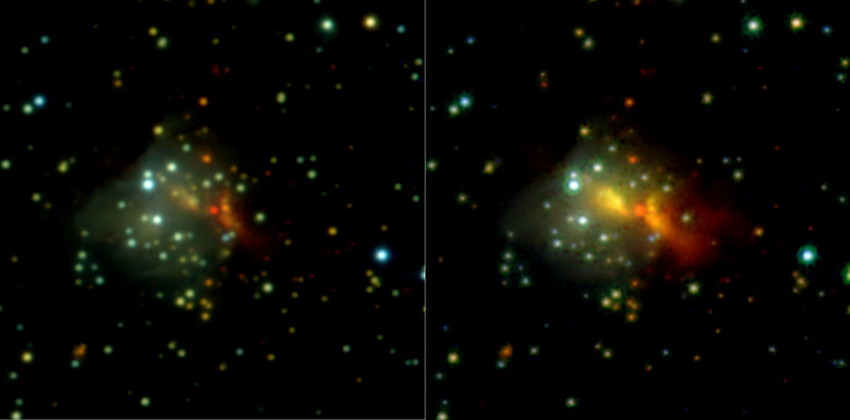 Imágen de NIRS 3 tomada en 2009 para el sondeo UKIRT (izquierda) y otra de la estrella en formación tomada por la cámara PANIC en 2015 (derecha), que muestra el intenso aumento de luminosidad detectado. / IAA(CSIC)