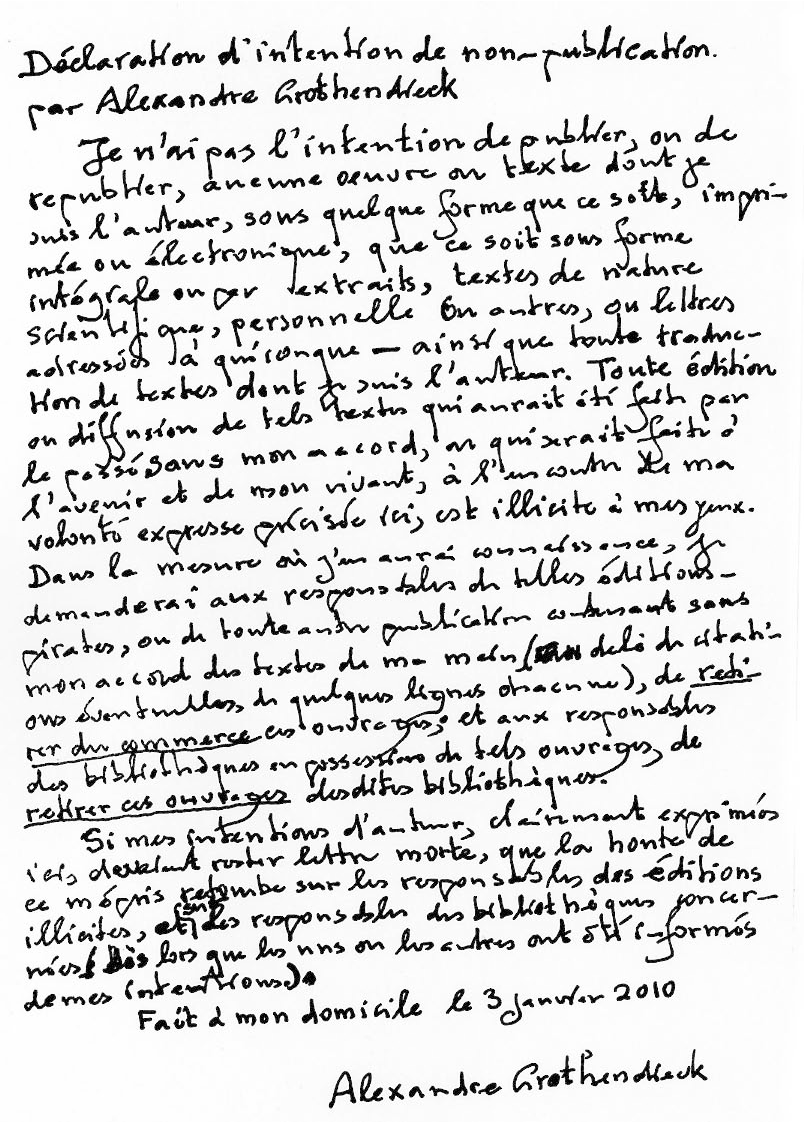 La carta que escribe Alexandre Grothendieck para que sus obras sean retiradas