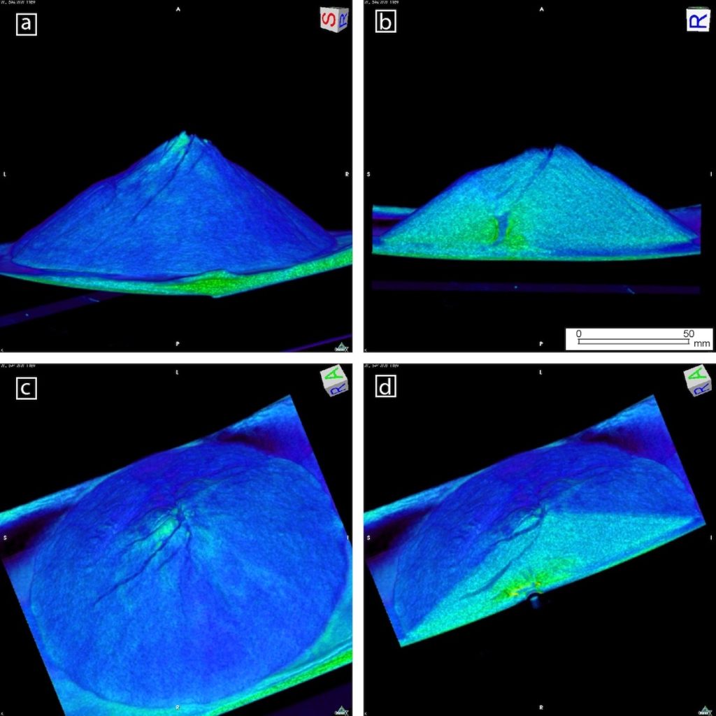 Ejemplos de imágenes internas y externas de los experimentos con un escáner de rayos X para observar el interior de un volcán- URJC