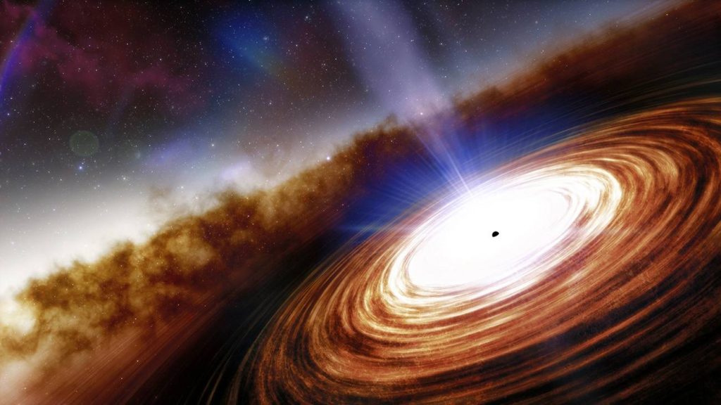 Ilustración del cuásar J0313-1806, con su agujero negro supermasivo central (aquí dibujado en blanco), el disco de acreción a su alrededor (anaranjado), el chorro de viento (azulado) saliendo a un 20 % de la velocidad de la luz y la galaxia anfitriona al fondo. / NOIRLab/NSF/AURA/J. da Silva
