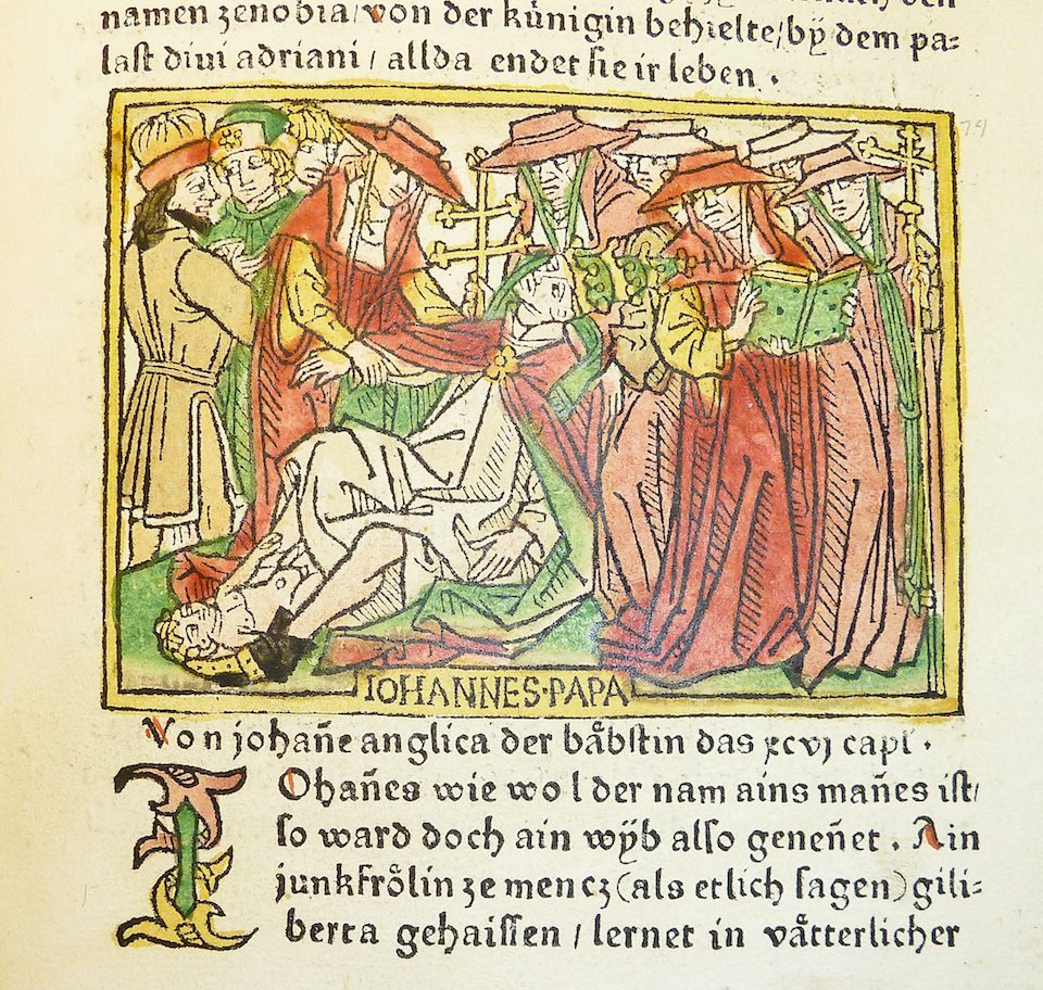 Representación medieval de la muerte de la papisa Juana.
