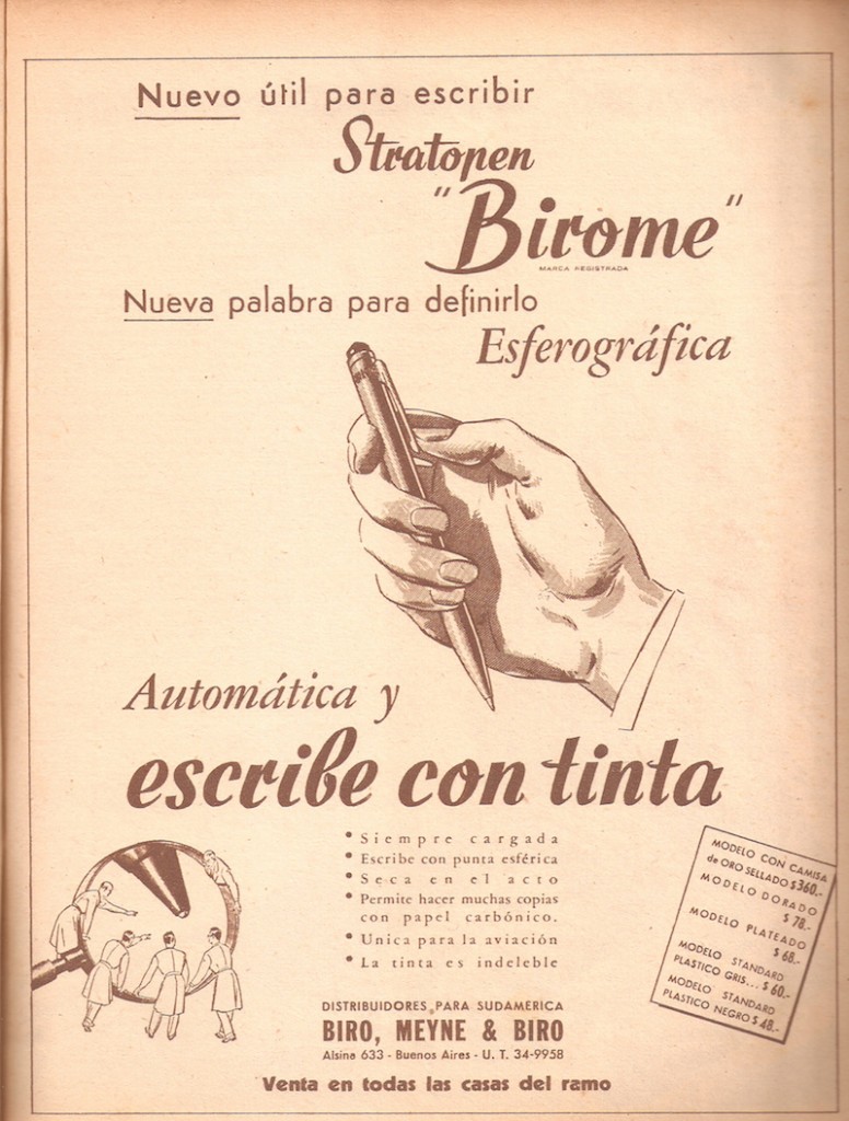 Publicidad en la revista Leoplan de 1945, promoviendo la Birome, que después será bolígrafo