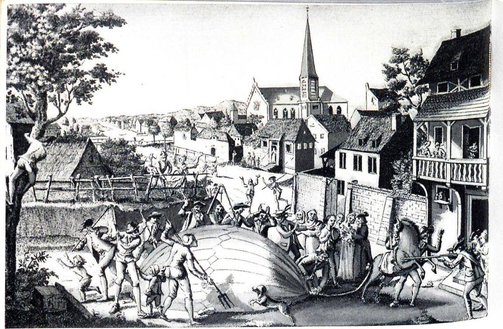 El globo aerostático de Jacques Alexandre Cesar Charles es atacado por los habitantes de la aldea de Gonesse en 1783