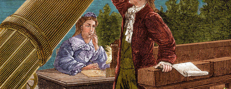 William Herschel observando a traves de su gran telescopio, con Caroline Herschel