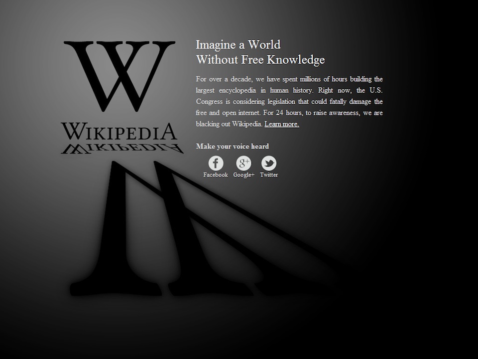 Wikipedia apagón contra la Ley SOPA, el 18 de enero de 2012