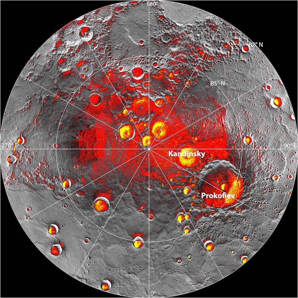 Imagen combinada del polo norte de Mercurio