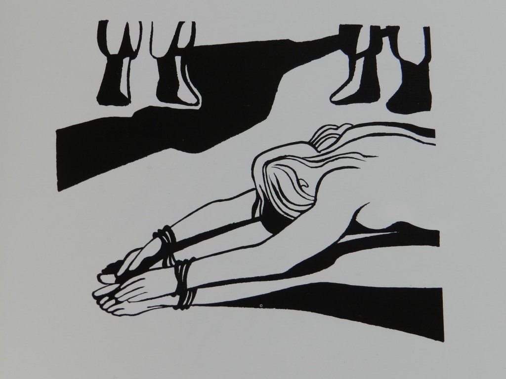 Contra la tortura, mujer en tortura. Grabado de Jose Venturelli publicado en el libro Patria Negra y Roja, Chile