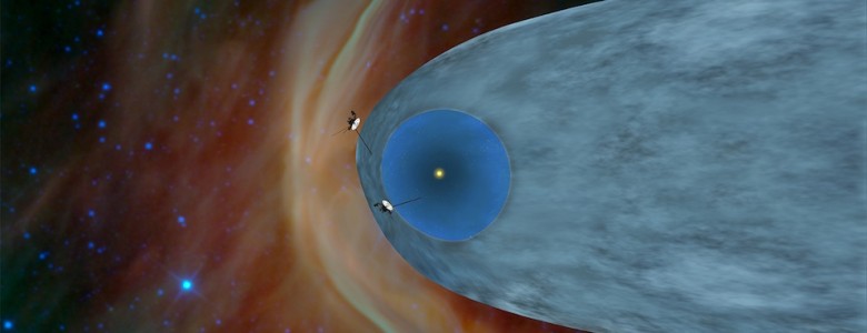 Las Voyager saliendo del Sistema Solar, la 1 fuera la 2 en la burbuja, NASA:JPL-Caltech