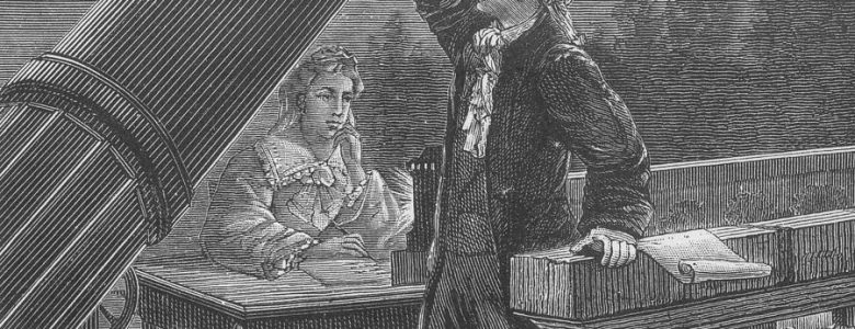 William Herschel, observando el espacio a través de primer gran telescopio, invento suyo, junto con Caroline Herschel