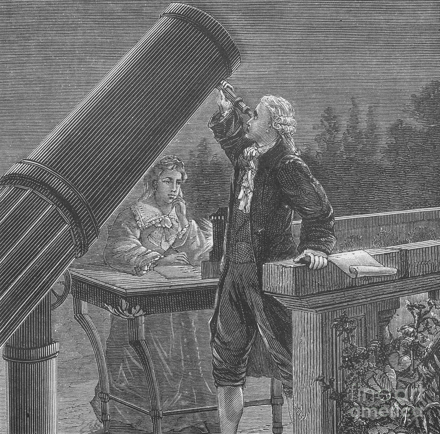 William Herschel, observando el espacio a través de primer gran telescopio, invento suyo, junto con Caroline Herschel