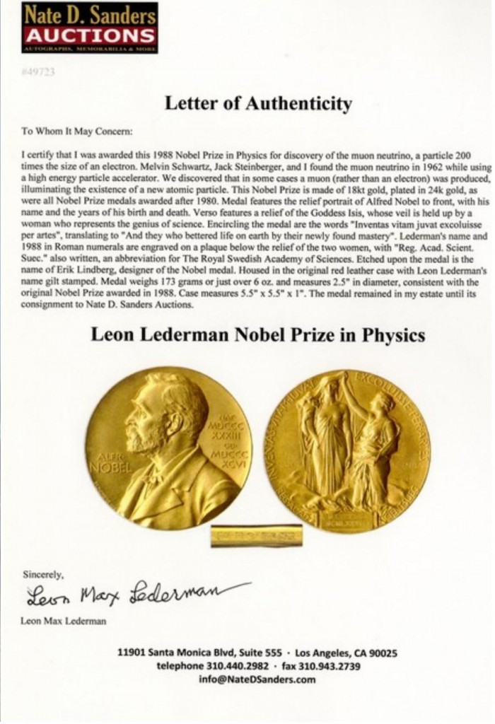 Certificado de autenticidad de la medalla del Nobel Leon Lederman