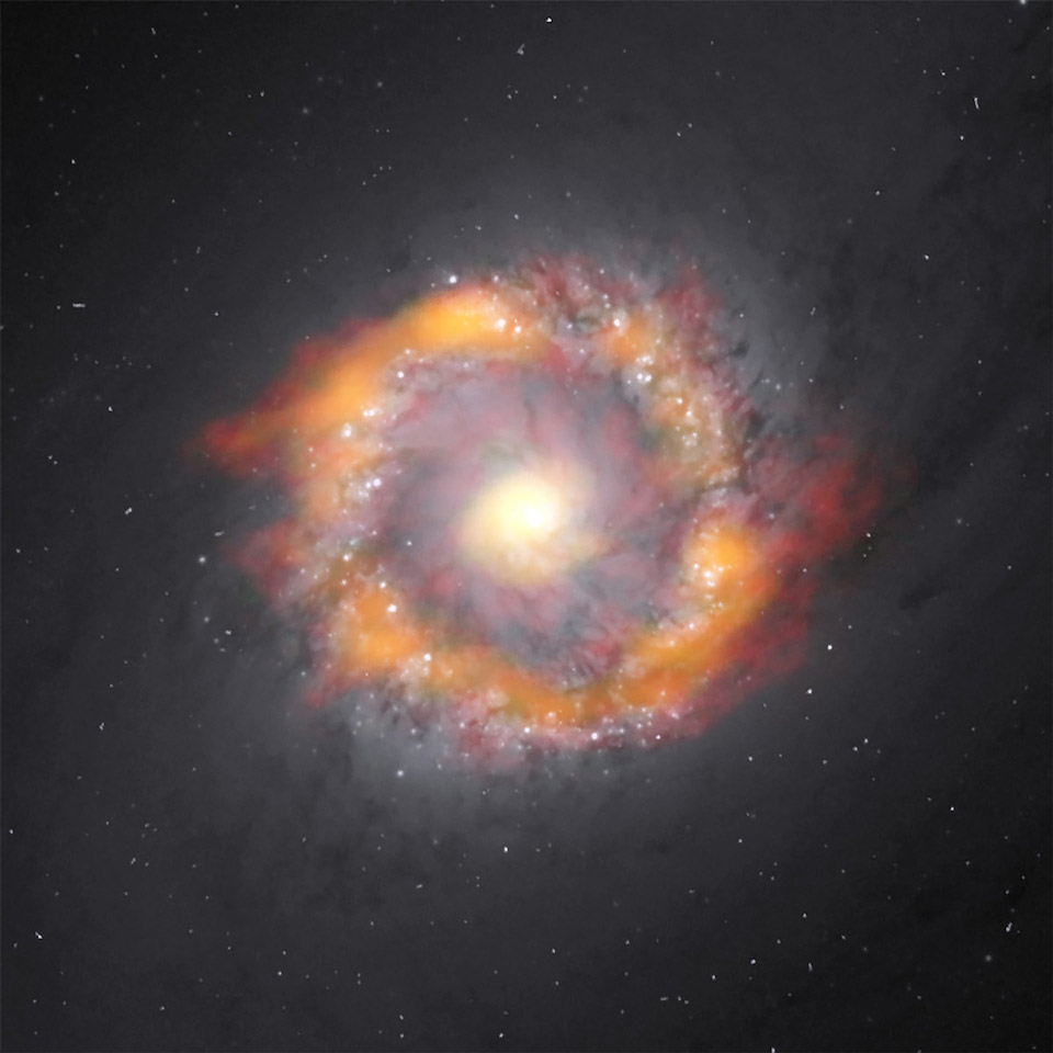 Galaxia espiral barrada NGC 1097- ALMA (NRAO:ESO:NAOJ), K. ONISHI; TELESCOPIO ESPACIAL HUBBLE DE NASA- ESA; NRAO:AUI:NSF