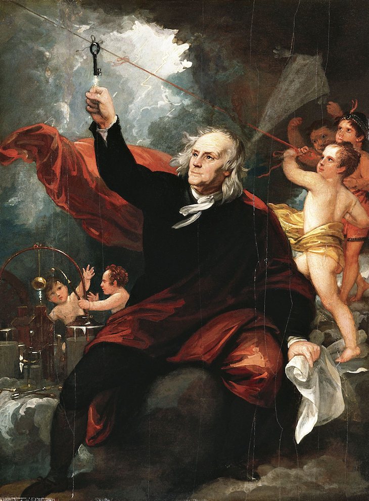 Benjamín Franklin en su experimento con la cometa para atrer electricidad- oléo Benjamín West, Philadelphia Mudeum of Arts