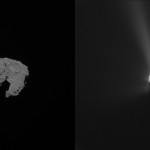 Imágenes del cometa 67 PC, al momento de llegar Rosetta y un año después del encuentro