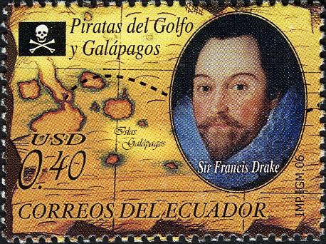 Timbre postal del Ecuador con la efigie del pirata Sir Francis Drake