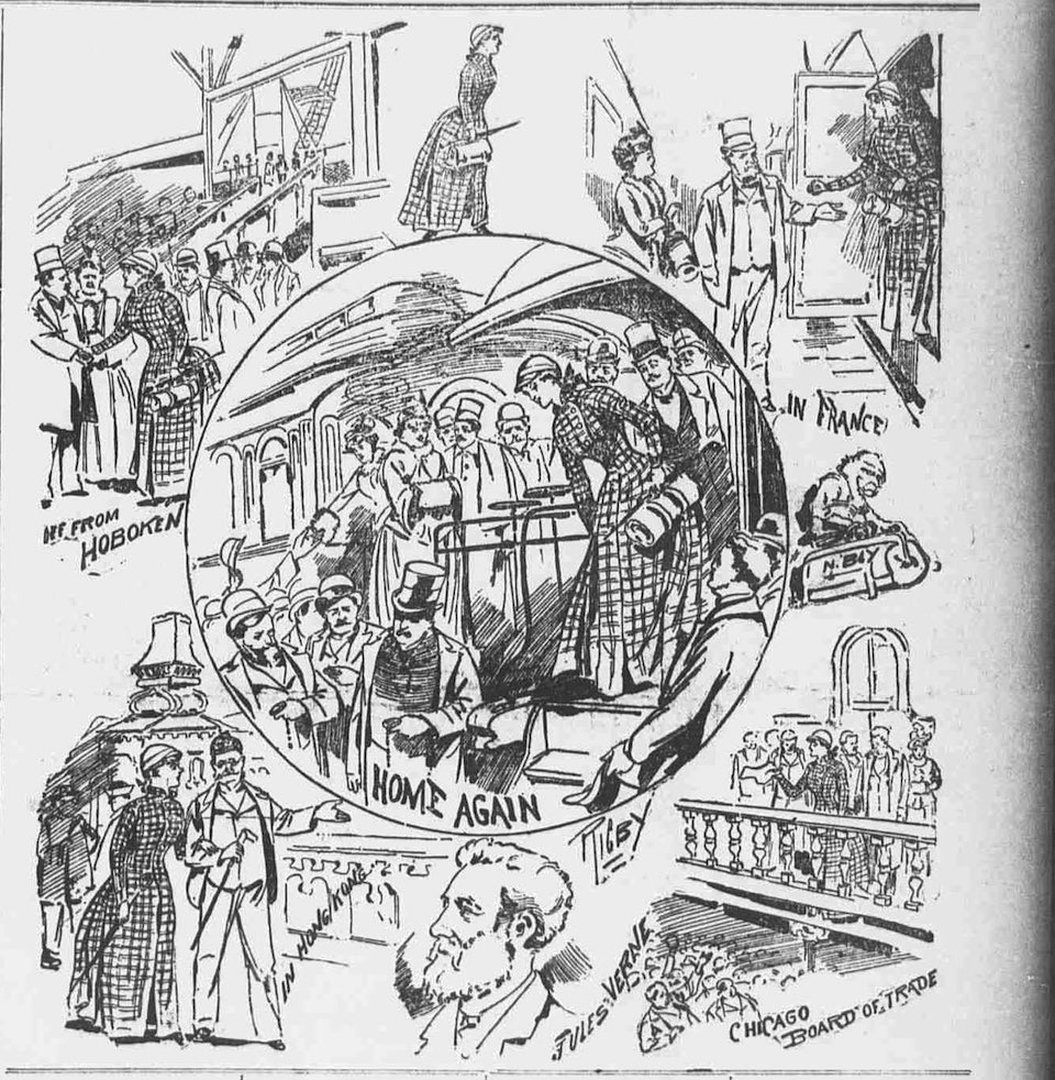 El viaje de Nellie Bly, viñeta, en The World del 25 de enero de 1890