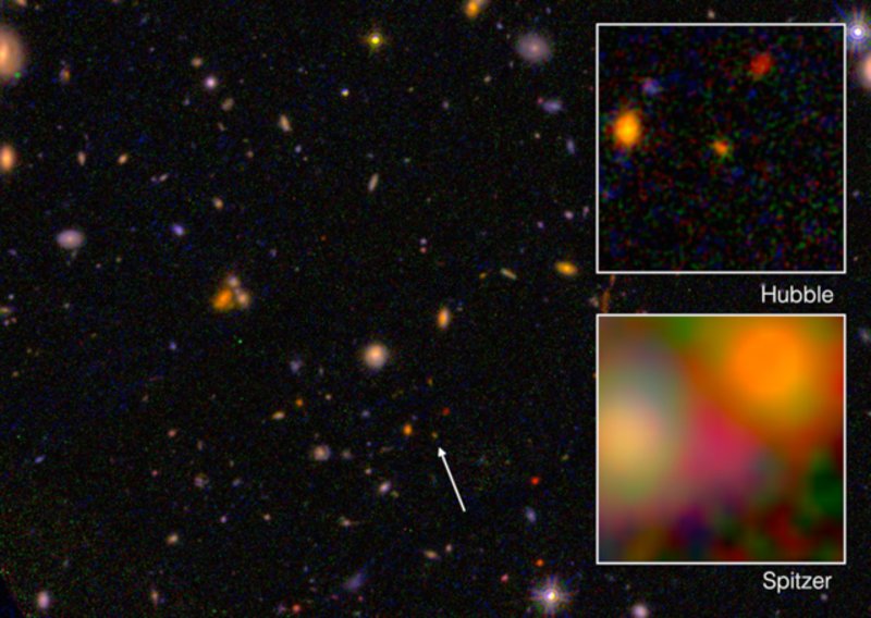 La galaxia EGSY8p7 observada por los telescopios espaciales Hubble y Spitzer