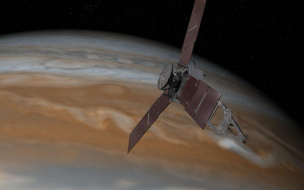 La nave espacial Juno realizando un sobrevuelo cercano a Júpiter- NASA, JPL-Caltech
