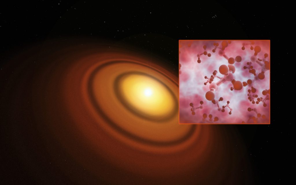 Disco protoplanetarios alrededor de la estrella TW Hydrae, en la constelación meridional de Hydrus (la hidra macho), donde se detectó alcohol metílico (metanol)- ESO/M. Kornmesser