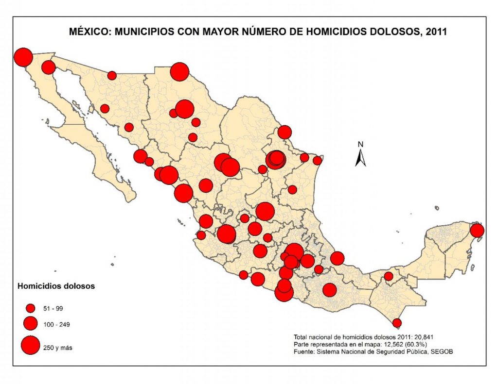 Municipios con mayor numero de homicidios dolosos en 2011