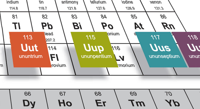 Los elementos 113, 115, 117 y 118 pronto podrían cambiar sus nombres provisionales (ununtrium, ununpentium, ununseptium y ununoctium) por otros oficiales, que en castellano podrían ser nihonio, moscovio, tenesino y oganesón. / IUPAC