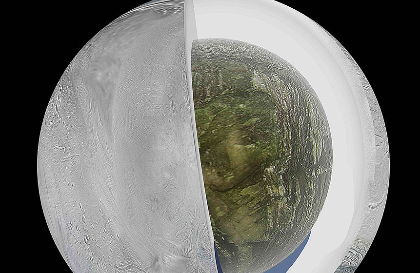 Encélado, luna de Saturno. Imagen: UN.