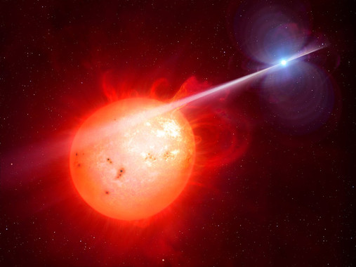 Ilustración del exótico sistema binario estelar AR Scorpii, donde una enana blanca impulsa electrones que sueltan ráfagas de radiación hacia la enana roja, haciendo que todo el sistema pulse cada 1,97 minutos. / M. Garlick/University of Warwick/ESO