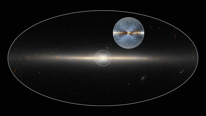 En 2010 el observatorio WISE de la NASA observó el cielo entero dos veces. Los astrónomos utilizaron estos datos para señalar la estructura en forma de X en el bulbo central de la Vía Láctea, que figura en el pequeño círculo en el centro, así como en la imagen del recuadro. Image Credit: NASA/JPL-Caltech/ D. Lang
