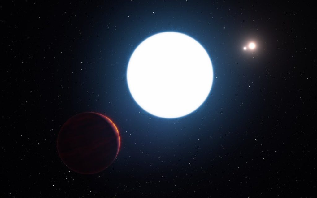 Ilustración del sistema estelar triple HD 131399, con sus tres estrellas (A,B y C) visto desde una posición cercana al planeta HD 131399Ab. / ESO/L. Calçada