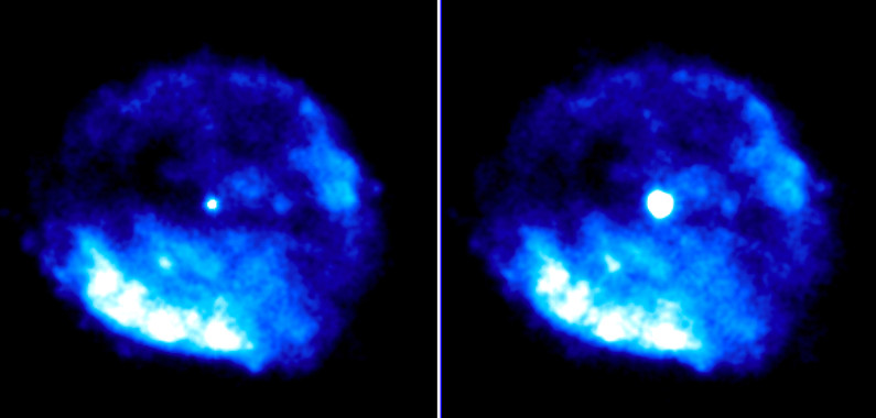 Imágenes en rayos X del remanente de la supernova RCW103, con el magnetar brillante en el centro. Izquierda: datos de observaciones entre 2011-2015. Derecha: datos de la erupción de 2016. / CSIC