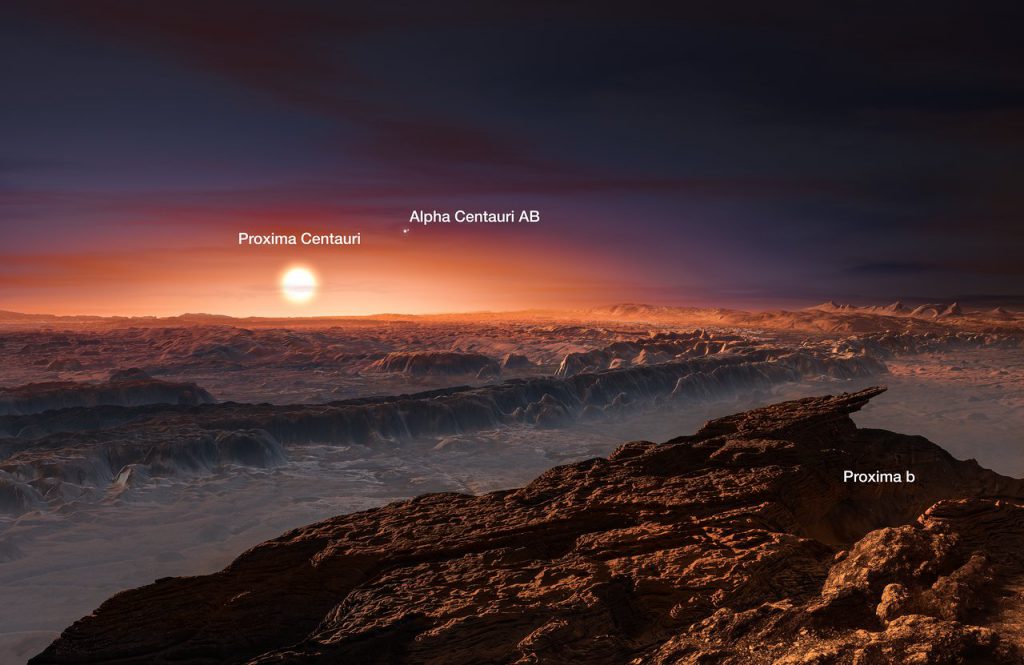 Ilustración de la superficie del planeta Próxima b orbitando a la estrella enana roja Próxima Centauri, la estrella más cercana al Sistema Solar- ESO/M. Kornmesser