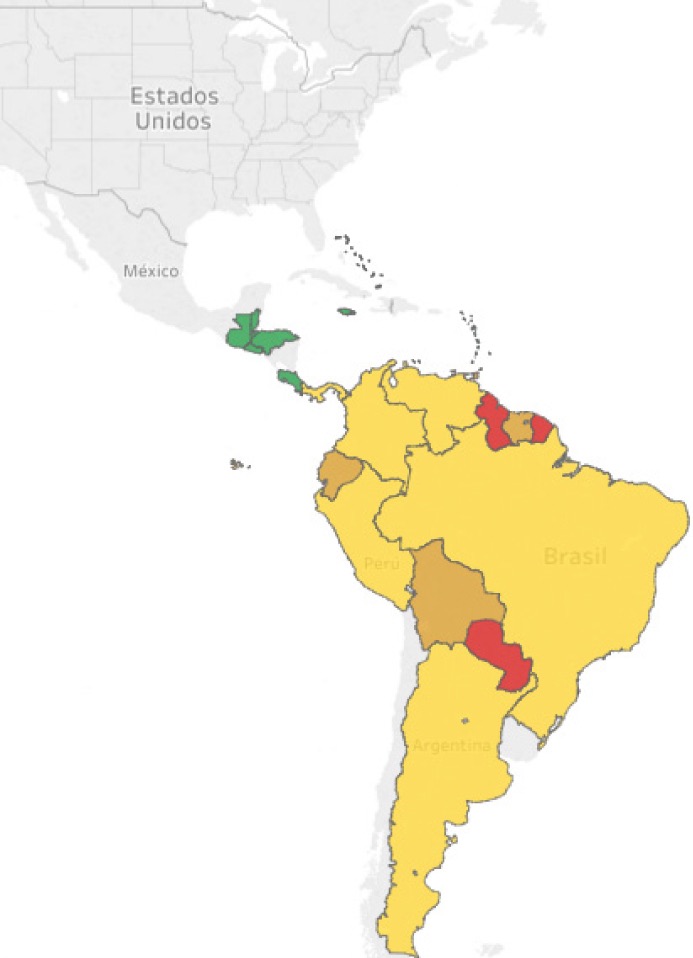 Mapa de incidencia de fiebre amarilla en América, amarillo y rojo