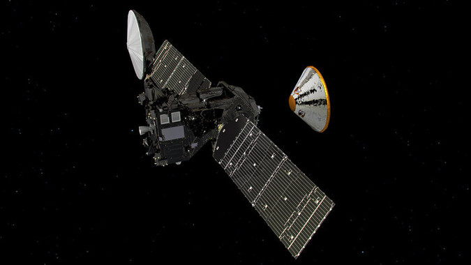 El módulo Schiaparelli (a la derecha) ya se ha separado este domingo del satélite TGO (a la izquierda) para preparar su ‘amartizaje’ el próximo 19 de octubre. / ESA/ATG medialab