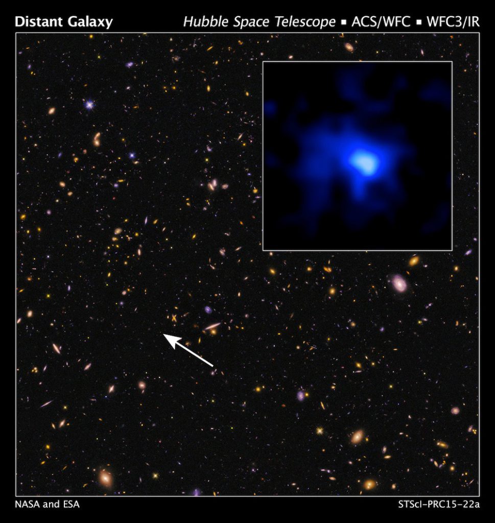 Situada a más de 13.000 millones de años luz de distancia, EGS-zs8-1 es la galaxia más lejana que se ha medido hasta ahora- NASA, ESA, P. Oesch (Yale U.)