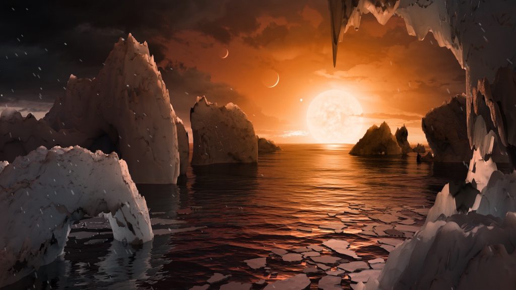 La posible superficie de TRAPPIST-1f, uno de los planetas descubiertos en el sistema TRAPPIST-1, de tamaño similar a la Tierra