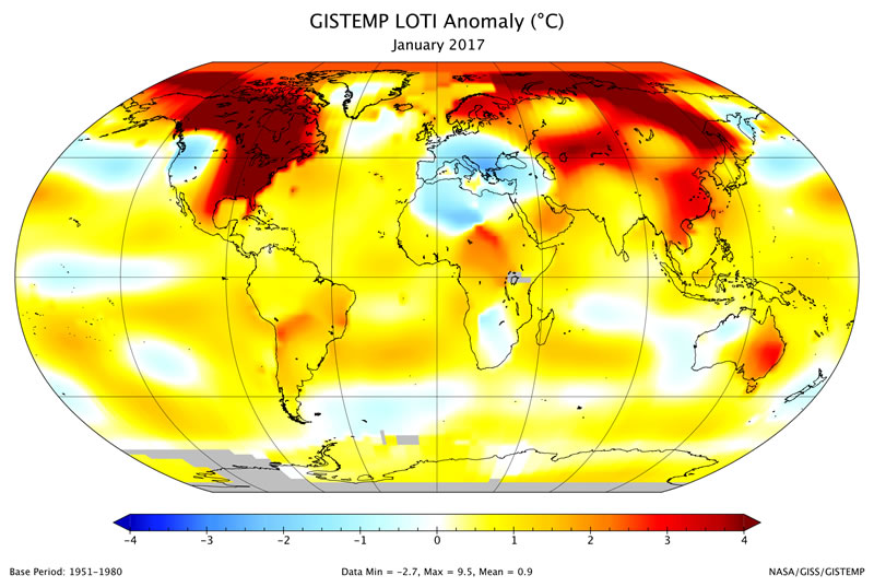 Mapa de la temperatura global del planeta en Enero de 2017- NASA/GISS/GISTEMP