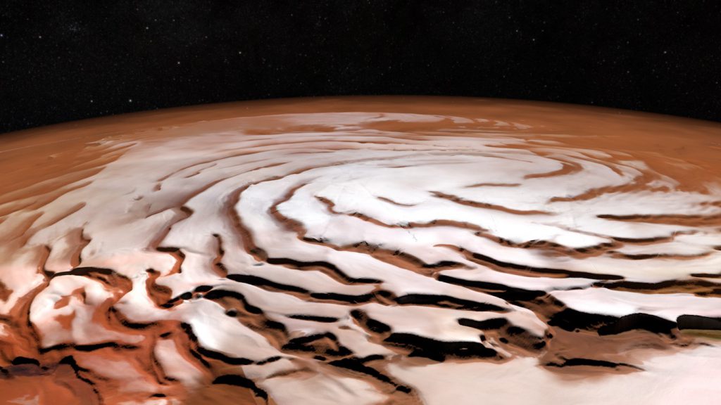 Vista en perspectiva de la capa de hielo polar norte de Marte- ESA, NASA