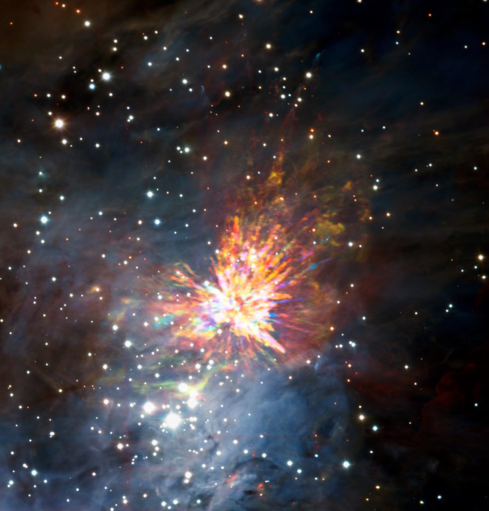 El explosivo nacimiento de una estrella- ALMA (ESO/NAOJ/NRAO), J. Bally/H. Drass et al.