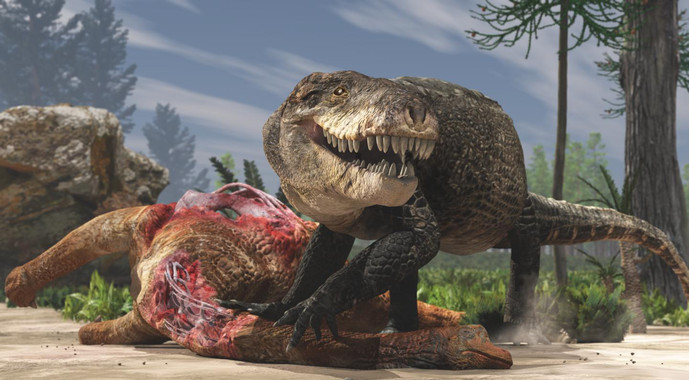 Razanandrongobe sakalavae devorando a otro dinosaurio durante el periodo Jurásico, en Madagascar- Giovanni Bindellini